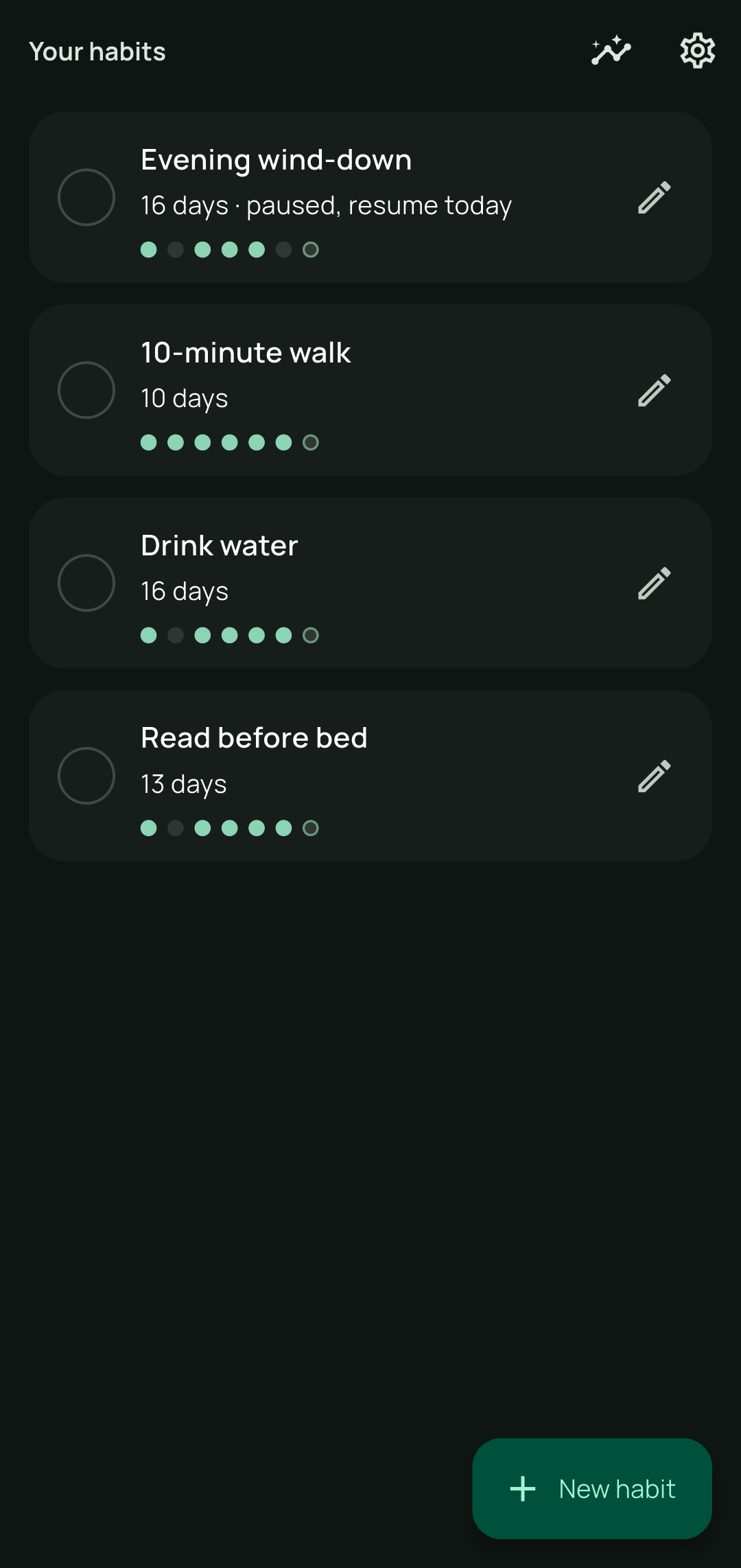 Aster's habit list, showing a few habits with calm streak dots